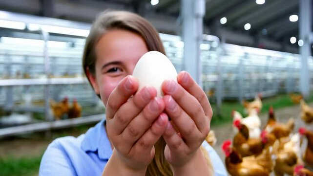 Female farmer holding freshly laid white egg, standing in rustic barn, smiling confidently near wooden crate with free range chickens