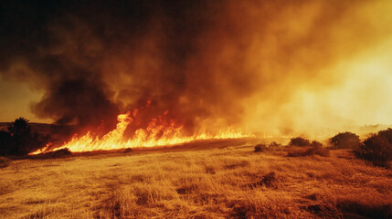 Fototapeta premium Wildfire engulfs dry grassy field with fierce flames and heavy smoke during environmental disaster