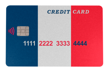 Plastic credit card in the shape of the flag of France on a transparent background (close-up). Online payment by credit card for purchases in online stores. Banking, e-commerce and business concept