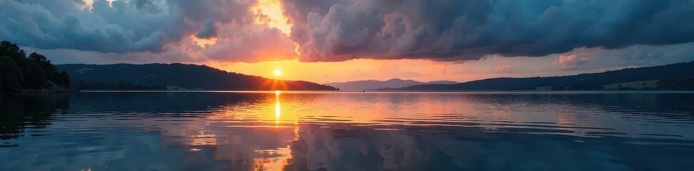 Naklejka premium Stormy gray clouds reflect in a calm lake surface at sunset, ripples, serene