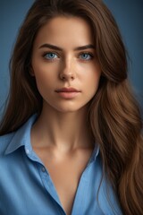 a close up of a woman with long hair wearing a blue shirt