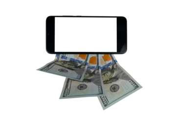 Smartphone with blank screen lies on $100 bills (close-up on transparent background). Online credit card payment for purchases in online stores