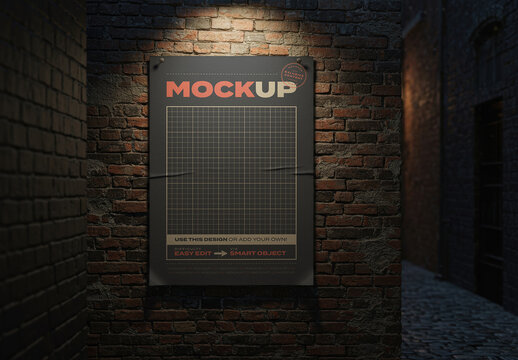 Vertical Sign Nailed to Wall Street Alley Spot Light Mockup