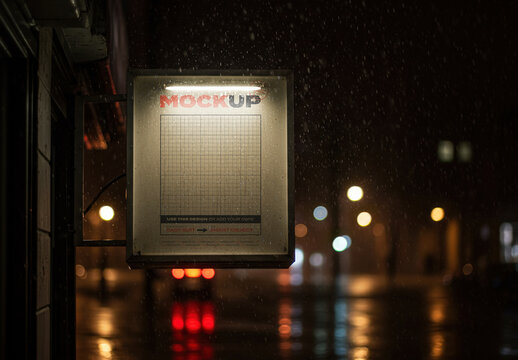 Vertical Sign Store with Light under Rain Mockup