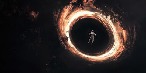 Astronaut Floating in the Darkness of Space Toward a Black Hole