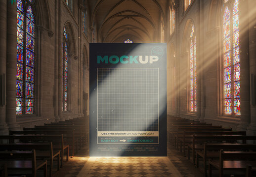 Vertical Sun Rays Illuminated Sign Stand inside Church Mockup