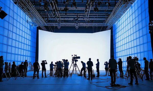 crew working in professional studio with large blue screen, Silhouettes of film, concept for movie production and television broadcasting