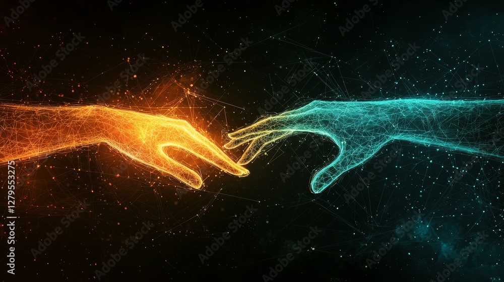 Poster connecting forces digital hands uniting in a cosmic space futuristic visualization dark background c
