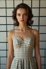 arafed woman in a plaid dress posing for a picture