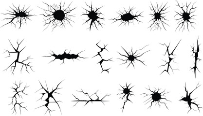 Vector set of black cracks and holes in the wall or ground effects on white background
