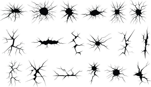 Vector set of black cracks and holes in the wall or ground effects on white background