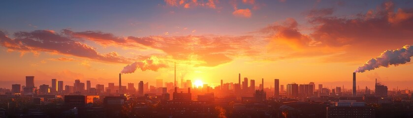 Fototapeta premium Urban Sunset with Industrial Skyline and Smokestacks Against Vibrant Colors of the Sky at Dusk