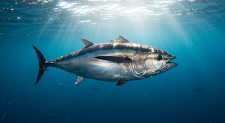 Fototapeta premium Majestic Tuna Basking in Sunlit Ocean Depths Underwater Marine Life