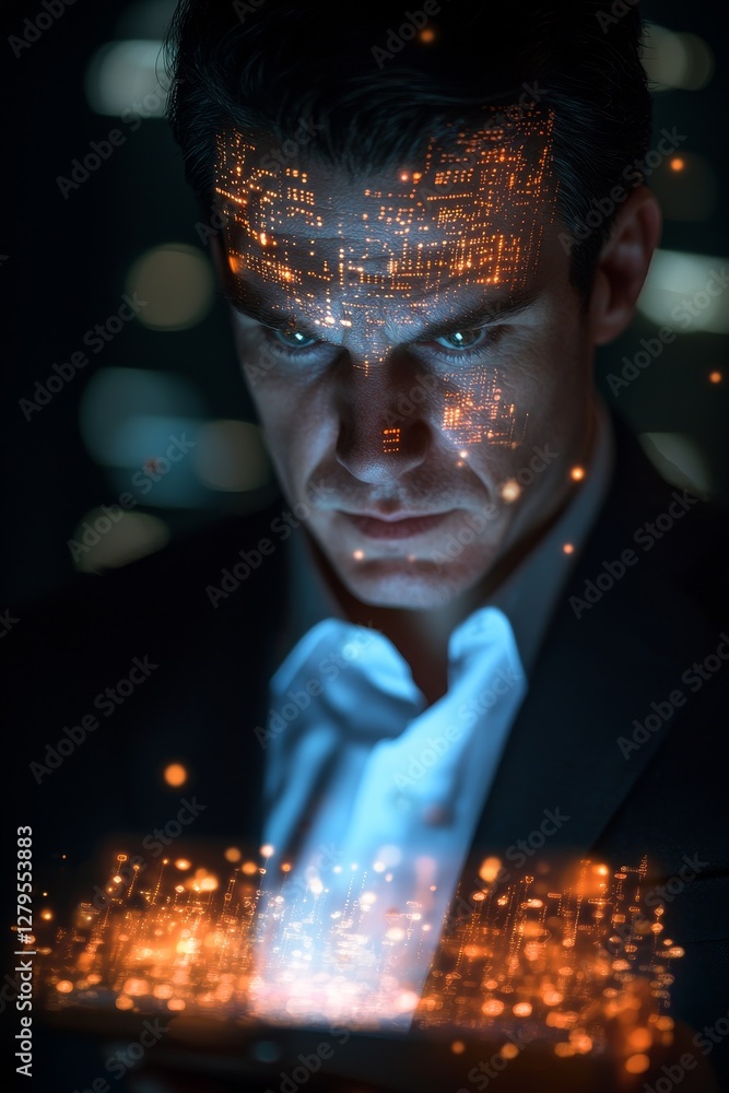 Poster analyzing data-driven insights urban environment technology concept digital art close-up perspective