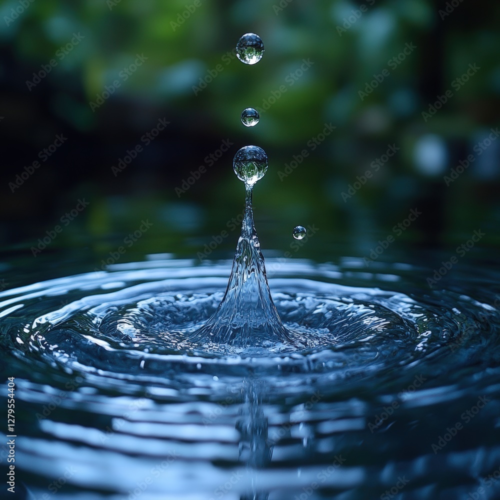 Poster stunning macro photograph of a water droplet impacting a still surface, creating concentric ripples.