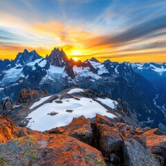 Stunning mountain landscape at sunset with colorful skies.