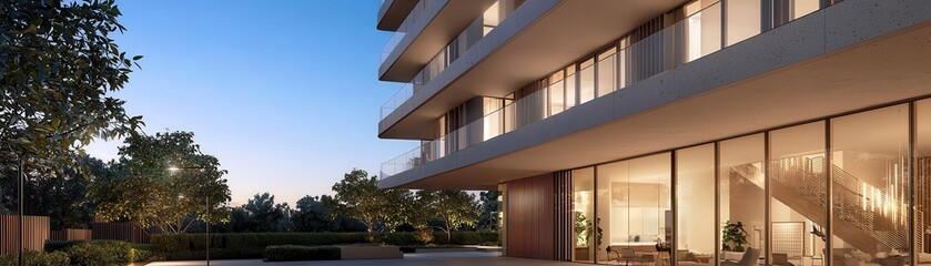 Fototapeta premium Modern residential building exterior view during twilight with soft lighting and landscaped surroundings