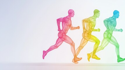 Fototapeta premium Dynamic running figures illustrate motion modern art gallery digital artwork minimalist environment side view concept of movement