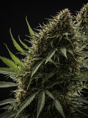 Naklejka premium cannabis plant in full bloom, set against a dark, black background, Close up of a weed flower with THC resin, Monster cannabis weed plant, dark black tone background, CBD plant