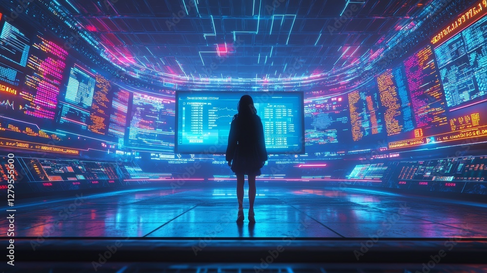 Poster futuristic data analysis session virtual lab digital art cyber environment wide view technology insi