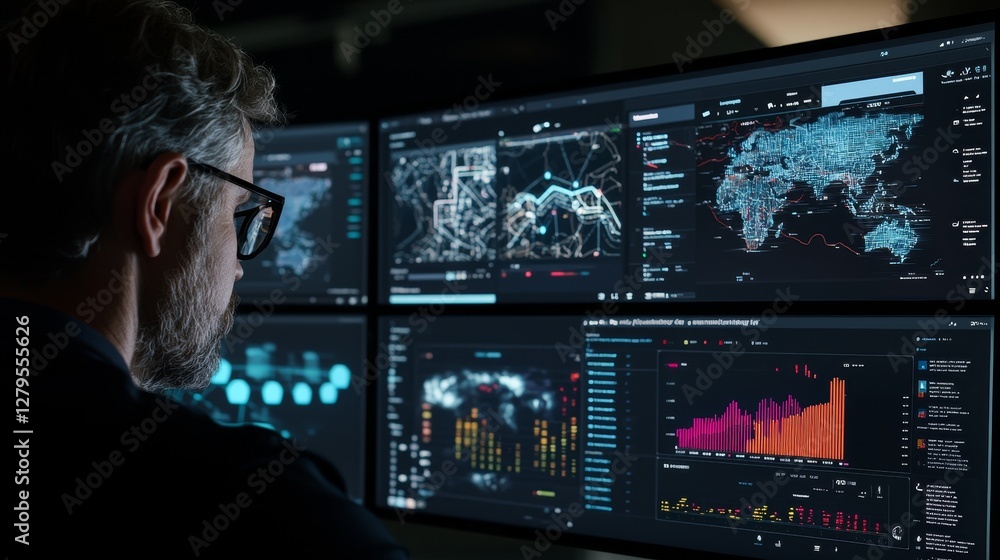Aufkleber data analyst monitoring global trends office workspace digital screens technology close-up visualiza