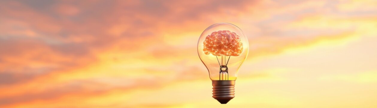 Light Bulb with Brain Concept Representing Creativity and Innovative Ideas Against a Beautiful Sunset Sky