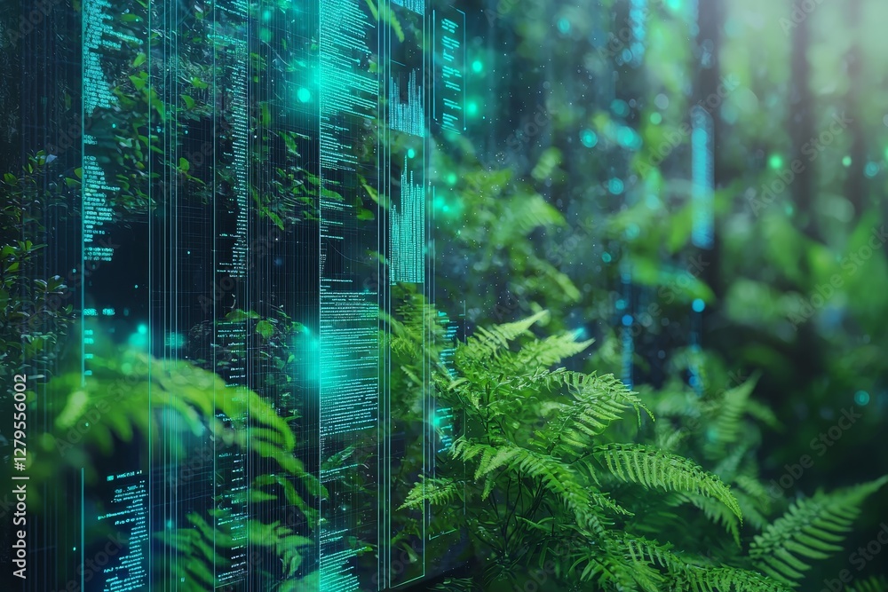 Poster digital nature fusion data visualization in lush forest artistic concept serene environment unique p