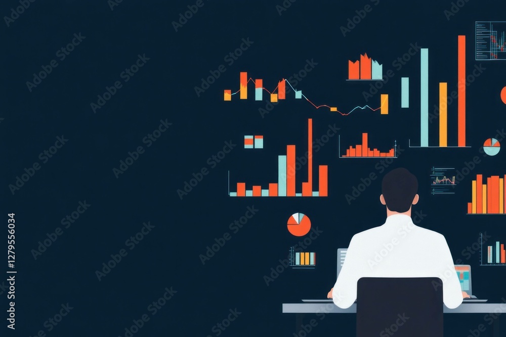 Poster professional male analyst working on data visualization with colorful graphs and charts in a dark of