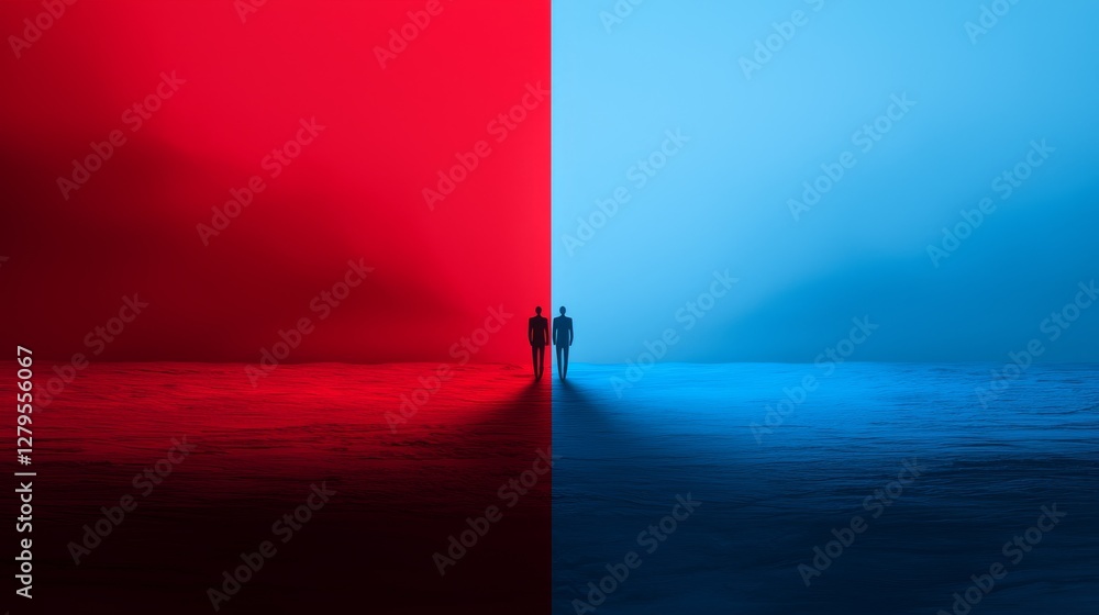 Poster confronting duality a symbolic encounter between red and blue figures abstract setting dreamlike atm