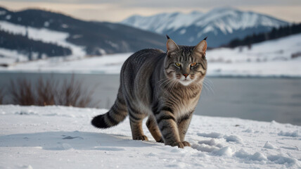 A Large Fierce Grey Cat In Snowy Landscape With Lake And Hills The Background