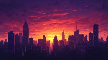 Fototapeta premium City Skyline Sunset. Urban Silhouette. Vivid Sky. Background Setting. Stock Photo