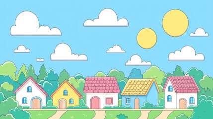 Obraz premium Charming colorful houses under bright sunlight idyllic neighborhood digital illustration tranquil atmosphere vibrant viewpoint