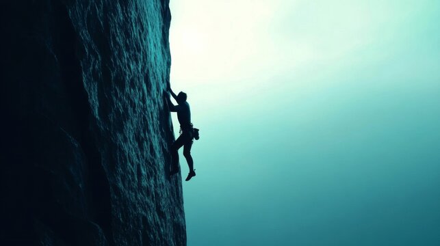 Climber ascending a rocky face, serene mountain background. Possible use Stock photo for outdoor adventure, motivational themes - Powered by Adobe