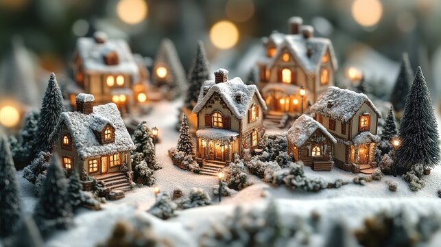 Snowy village miniature, glowing lights, bokeh background, holiday card