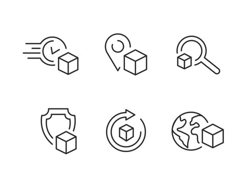 Delivery Services icons. Set of 6 Delivery trendy minimal icons featuring concepts such as worldwide shipping, package tracking, express mail, and secure transportation. Vector illustration 
