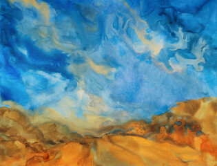 Fototapeta premium Abstract hand painted landscape. Gouache on paper. Versatile artistic image for creative design projects: posters, banners, cards, prints, covers, brochures and wallpapers. Artist-made art.