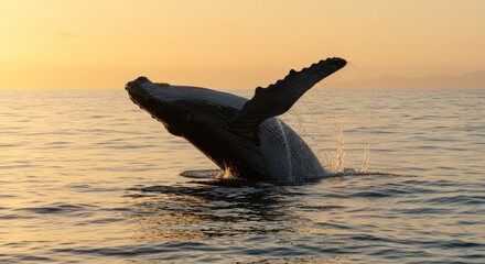 Fototapeta premium Humpback Whale Breaching at Sunset: A Majestic Ocean Spectacle