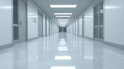 Empty Hospital Corridor, sterile, bright, futuristic