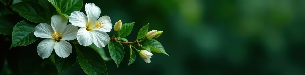 Fototapeta premium Dark green leaves and small white flowers on a hibiscus plant, white flowers, ornamental plant, botanical