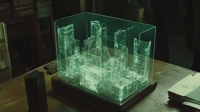 Holographic city model, study, futuristic, background of papers