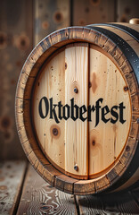 Fototapeta premium Oktoberfest celebration poster with wooden barrel and inscription, rustic style, warm colors, copy space