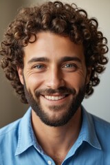Obraz premium arafed man with curly hair and beard smiling at the camera