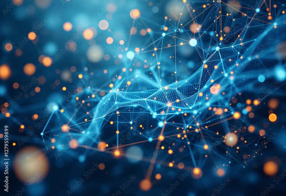 Poster Abstract digital network connections with glowing particles representing data flow and technology.