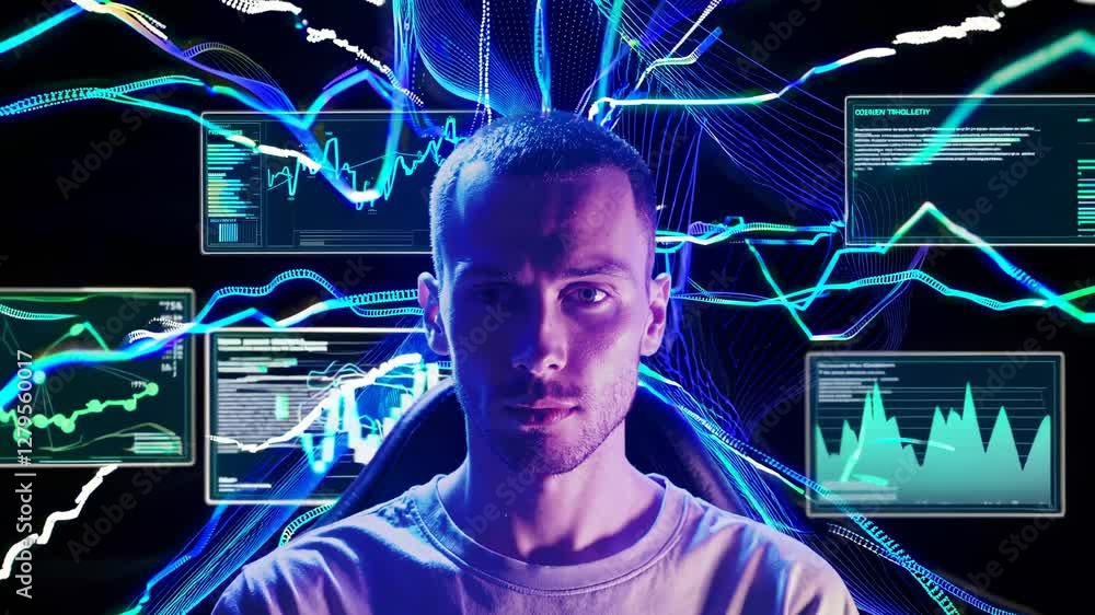 Poster futuristic video concept with a front-facing angle, showcasing a man surrounded by neon digital line