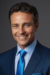 arafed man in a blue suit and blue tie smiling