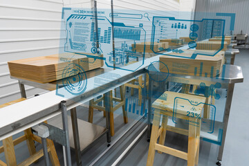 Food industry. Hologram with HUD interface on the background of a workplace for manual preparation...
