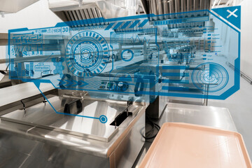 Hologram of the HUD interface against the background of a conveyor belt of a modern food production...