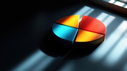 Colorful abstract pie chart on dark surface with dramatic shadows and light streaming through