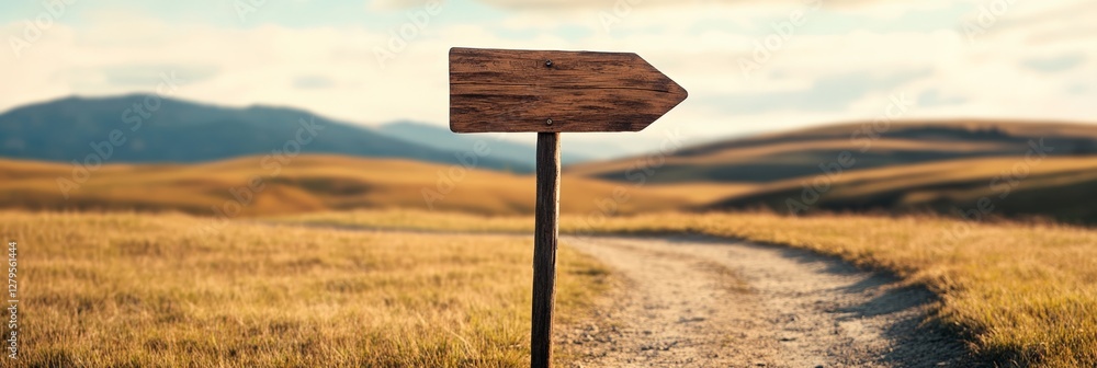 Poster Weathered wooden sign with no writing points towards a dirt road winding through a vast field, suggesting a journey or decision making process in a tranquil rural setting under a cloudy sky