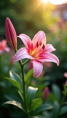 Fototapeta premium Pink lily flowers blooming in the morning dew, blooming flowers, blooming flowers